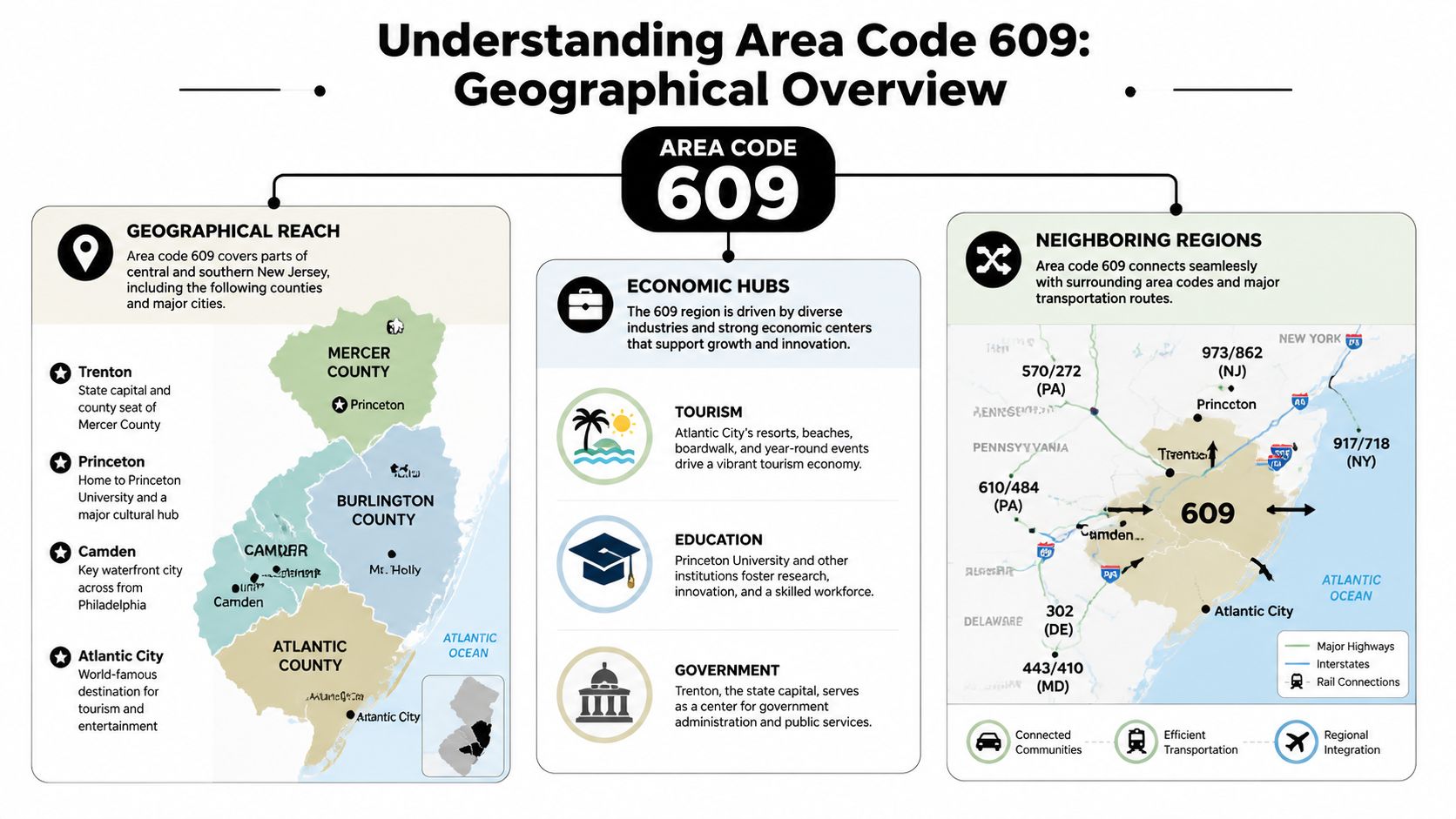 An infographic detailing the geographical reach, economic hubs, and neighboring regions of New Jersey area code 609.