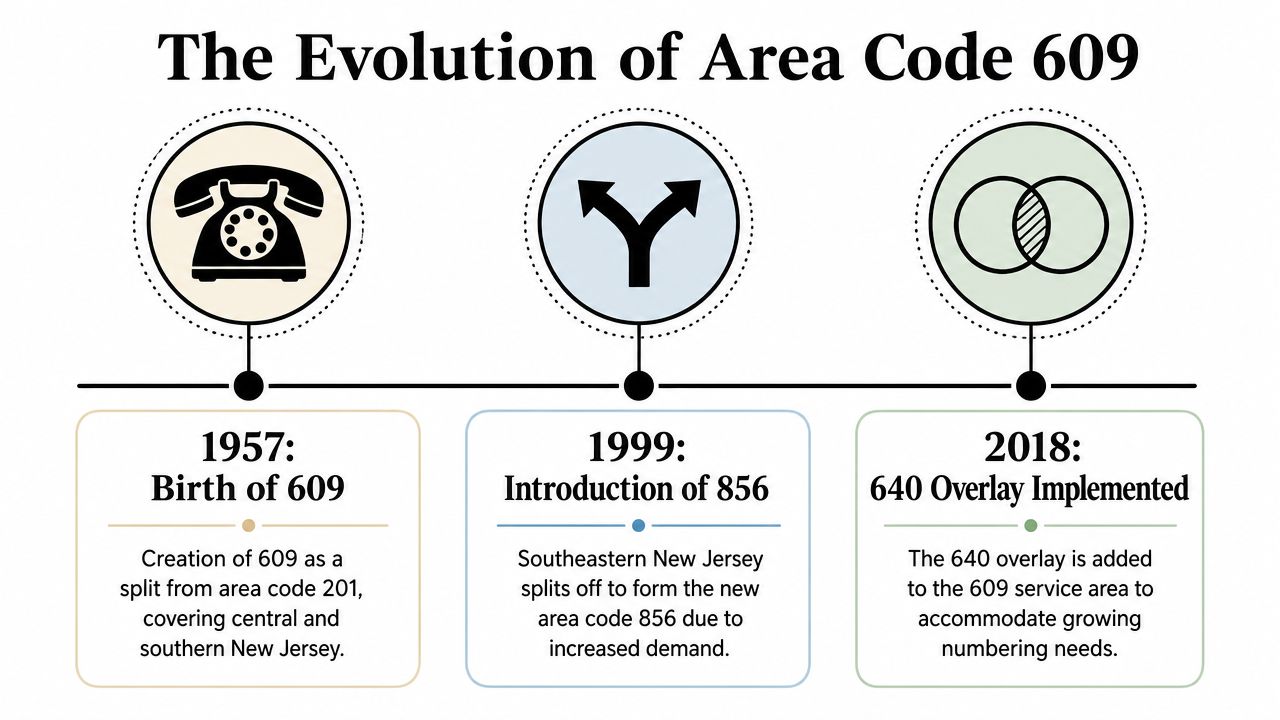 A timeline graphic showing the history of New Jersey area code 609, including splits and overlays.
