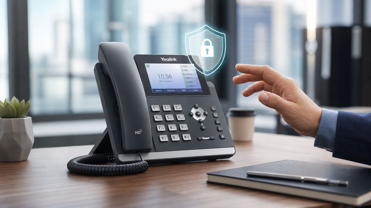 A professional desk setting with a Yealink IP phone featuring a digital security lock icon hologram overlay.