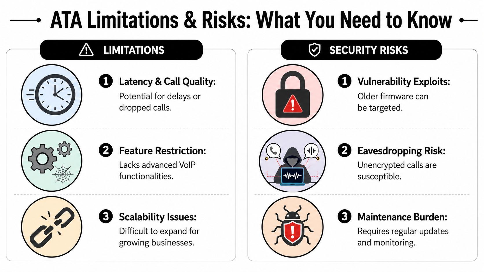 A visual comparison infographic outlining the key limitations and security risks associated with using ATA VoIP adapters.