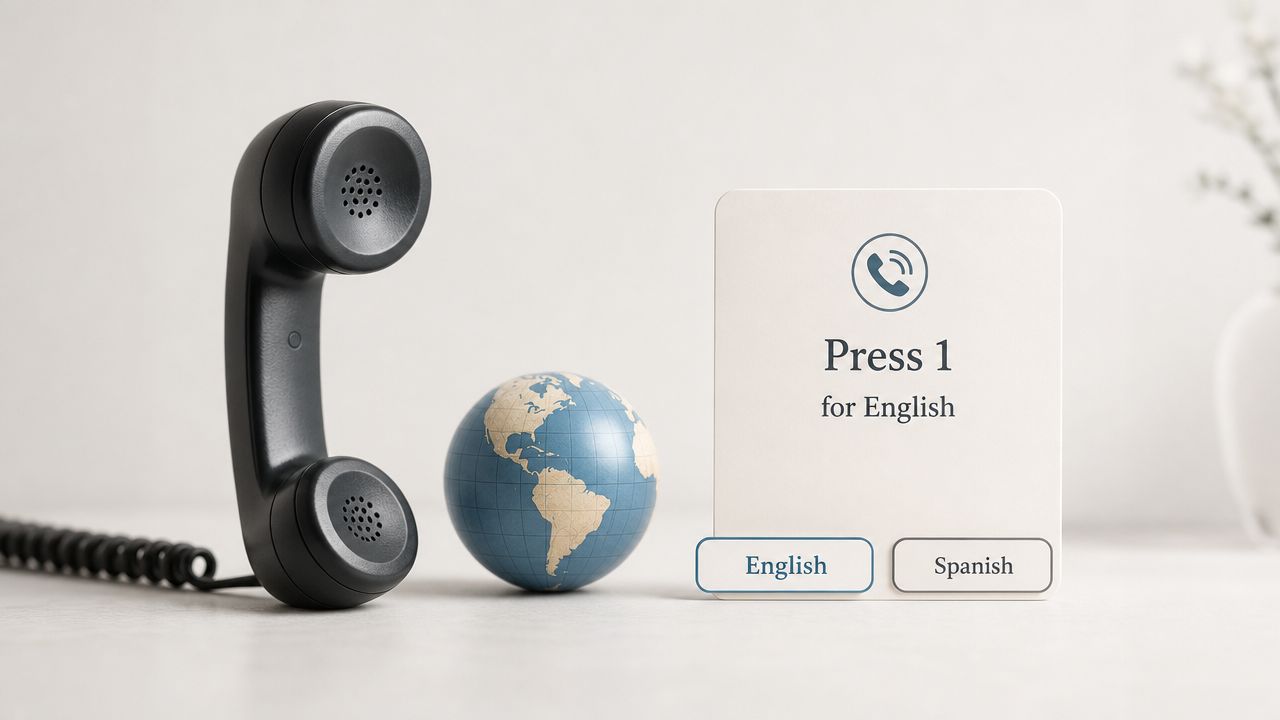 A telephone receiver next to a globe and a card with language selection buttons for customer service.