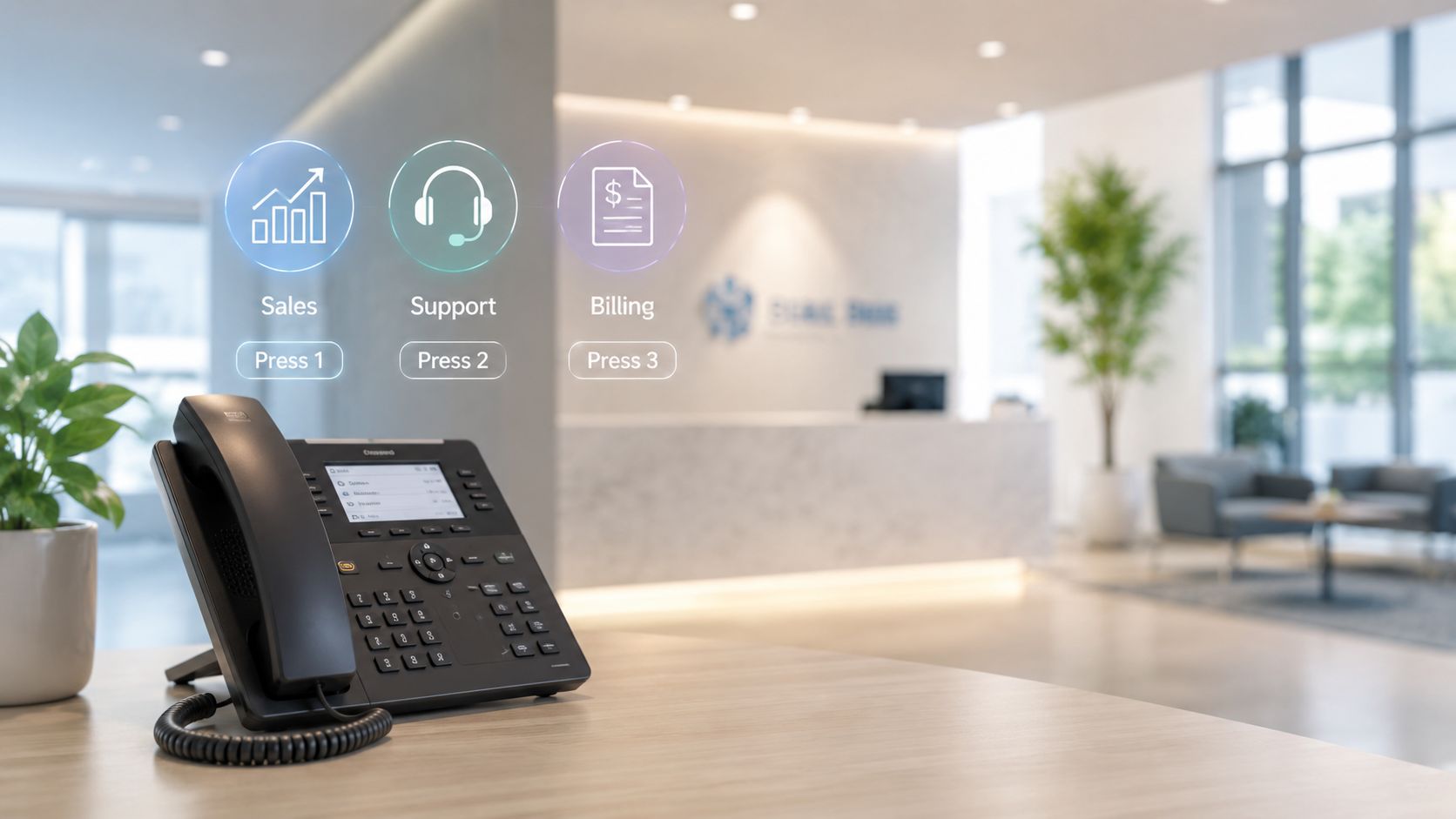 A professional office reception area featuring a desk phone with digital icons for sales, support, and billing.