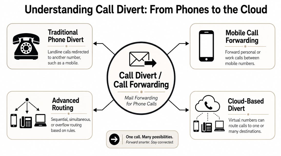 A diagram explaining call divert and call forwarding types ranging from traditional landlines to modern cloud systems.