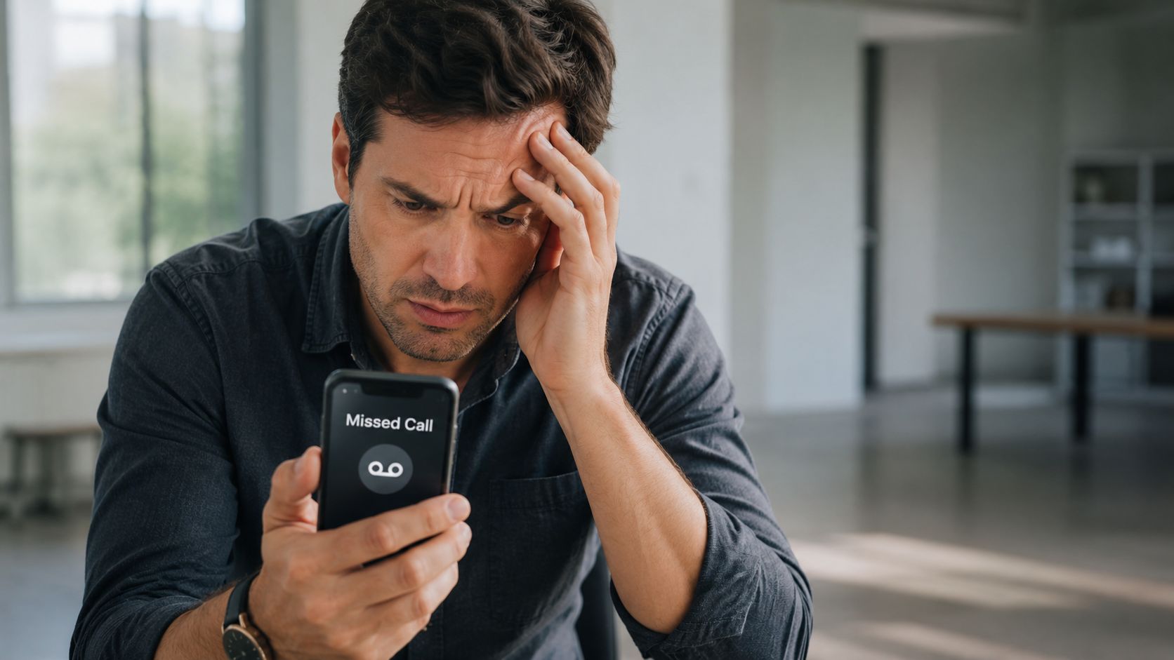 A concerned man holds a smartphone displaying a missed call notification while looking worried in an office.