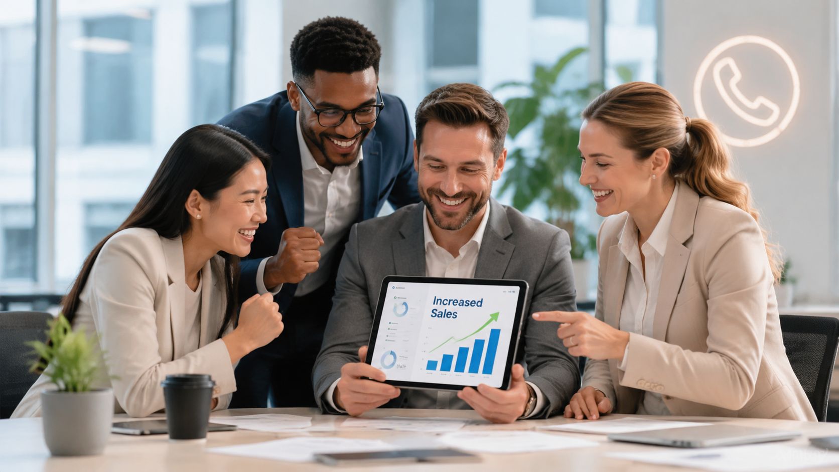 A professional team of four colleagues smiling and reviewing a sales growth chart on a tablet screen.