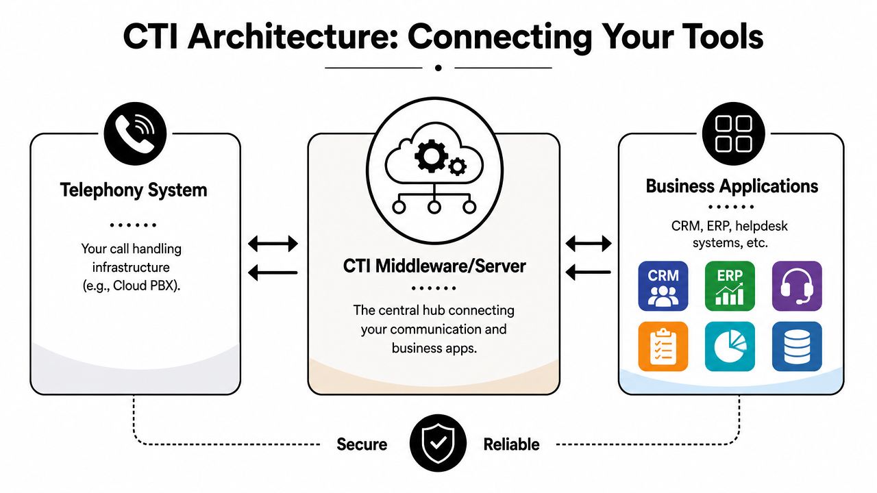 A diagram illustrating CTI architecture, showing the connection between telephony systems and business applications via middleware.