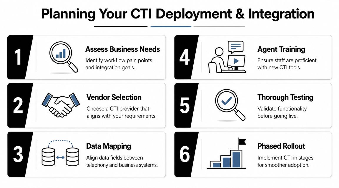A numbered list infographic outlining the six key steps for planning and deploying CTI integration software.