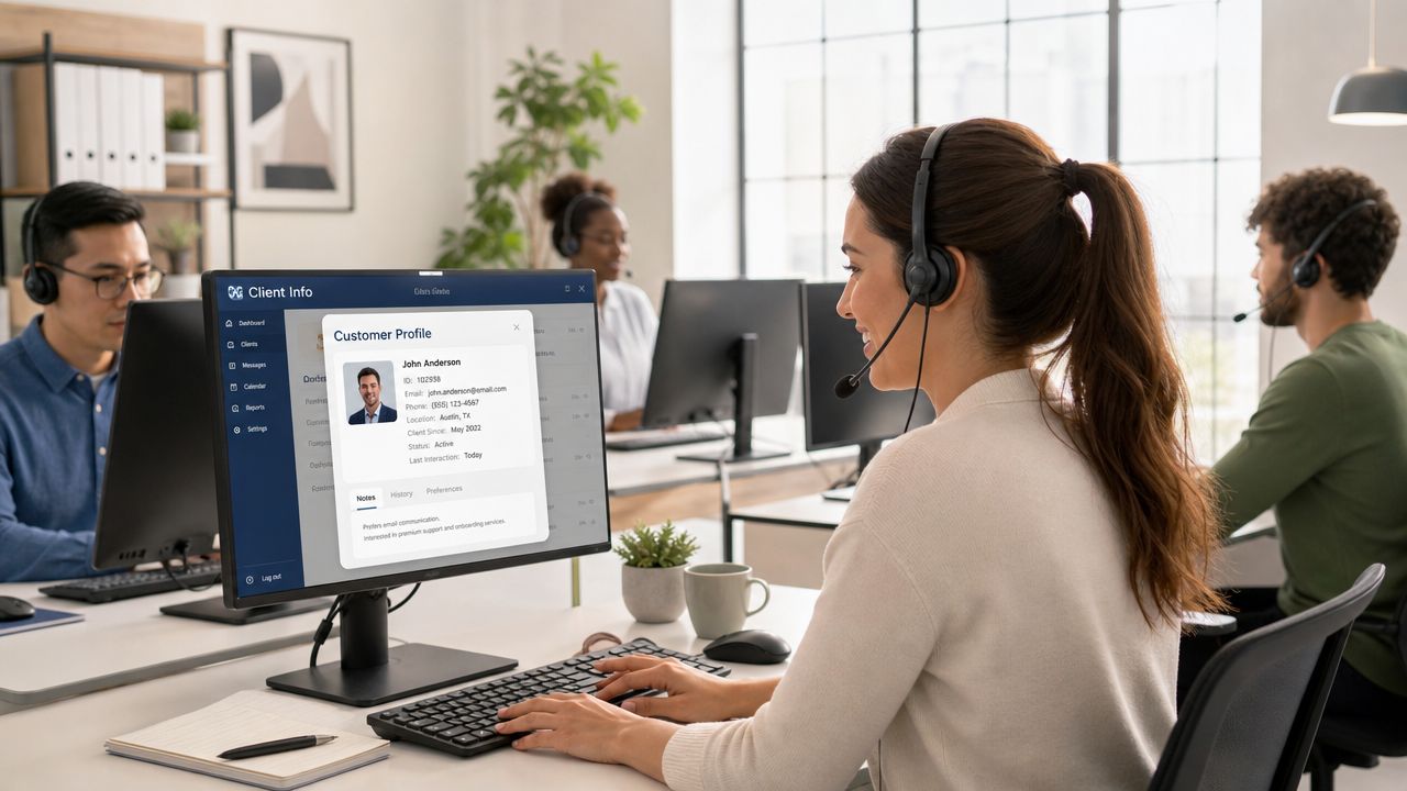 A customer service representative working on computer telephony integration software in a busy professional office environment.
