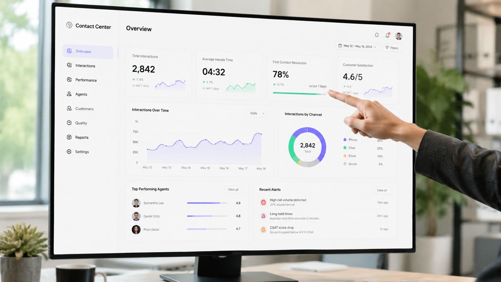 A person pointing at a contact center dashboard showing key performance indicators and analytics on a monitor.
