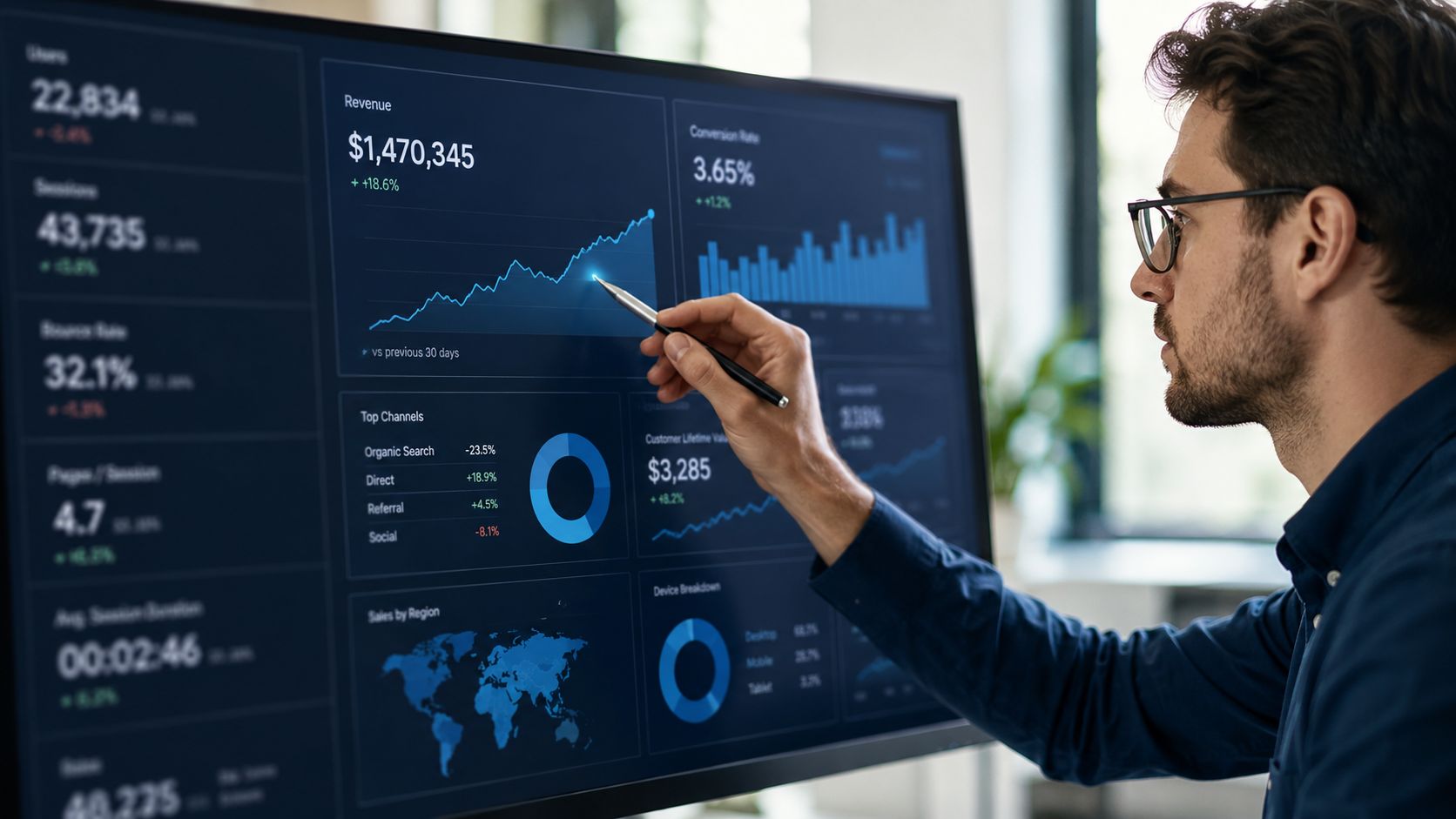 A professional man in glasses pointing at digital analytics charts on a large computer monitor in an office.