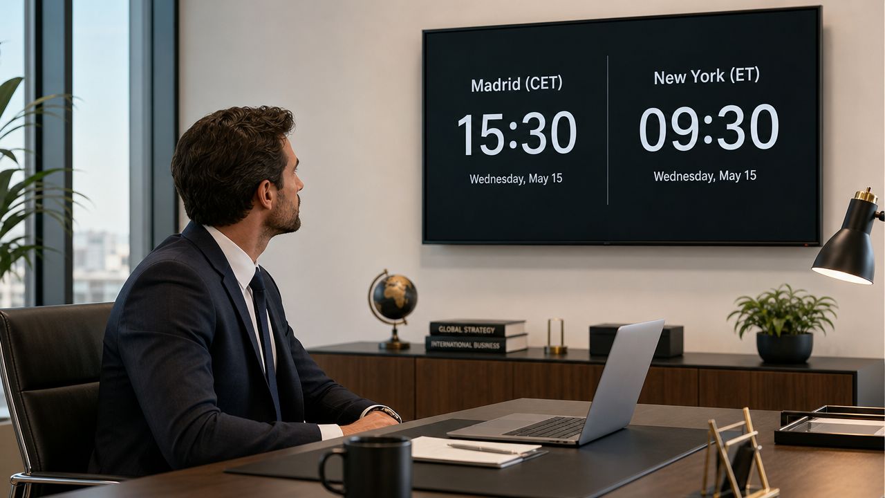 A businessman in a suit looks at a wall screen showing time zones for Madrid and New York.