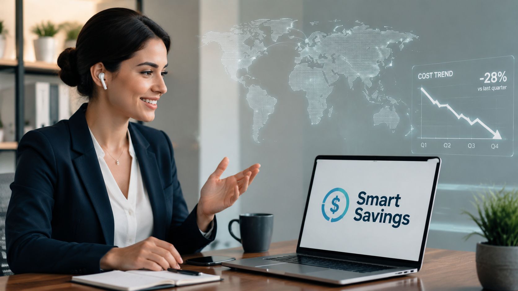 A professional woman in a business suit working on a laptop with financial data and global visualizations.