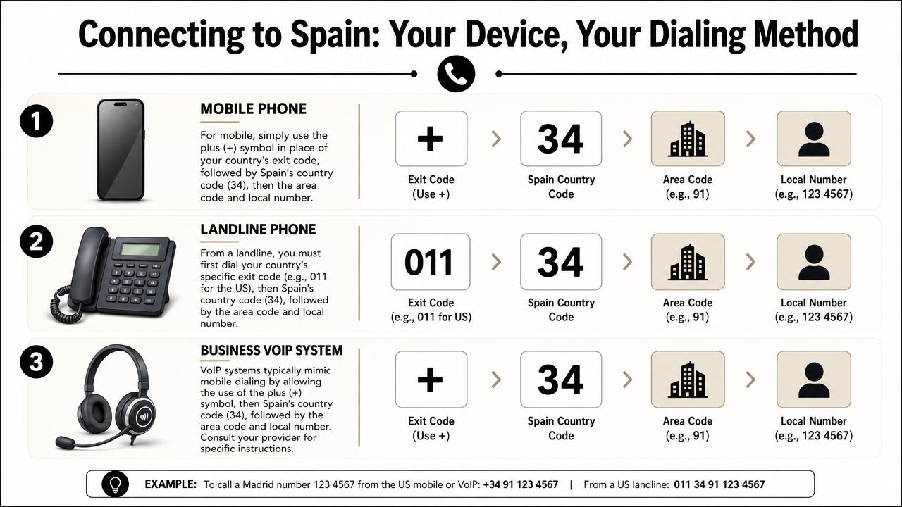 An infographic showing step-by-step instructions for calling Spain using mobile phones, landlines, and VoIP systems.