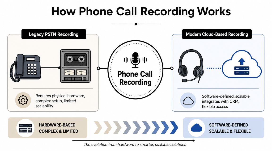 A diagram comparing traditional hardware-based PSTN phone call recording with modern, scalable cloud-based recording solutions.