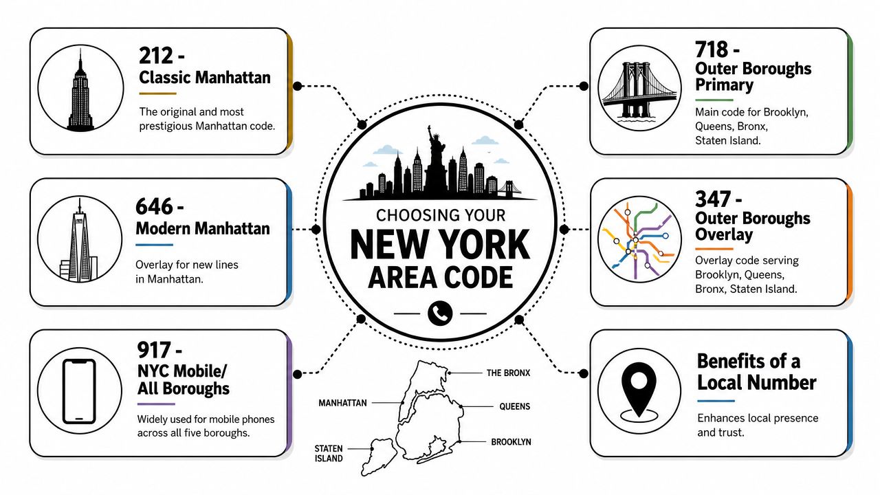 An infographic showing New York City area codes including 212, 718, 646, 347, and 917.