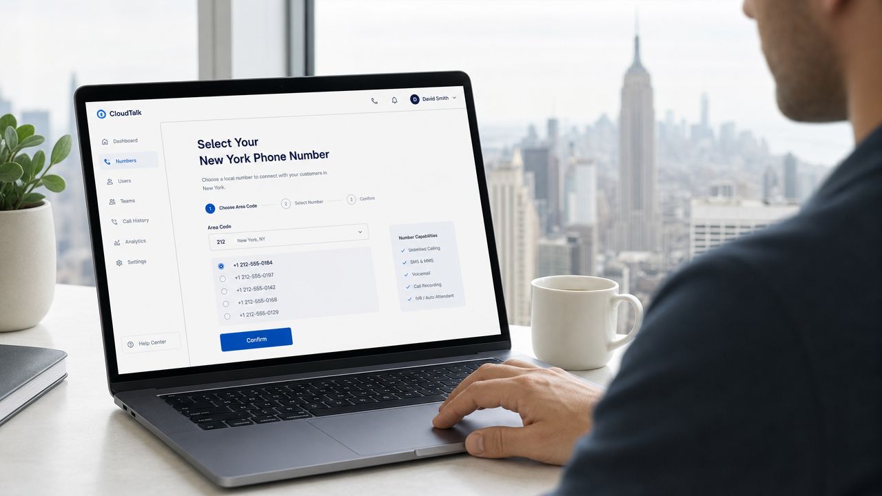 A person using a laptop to select a New York phone number on the CloudTalk platform dashboard.