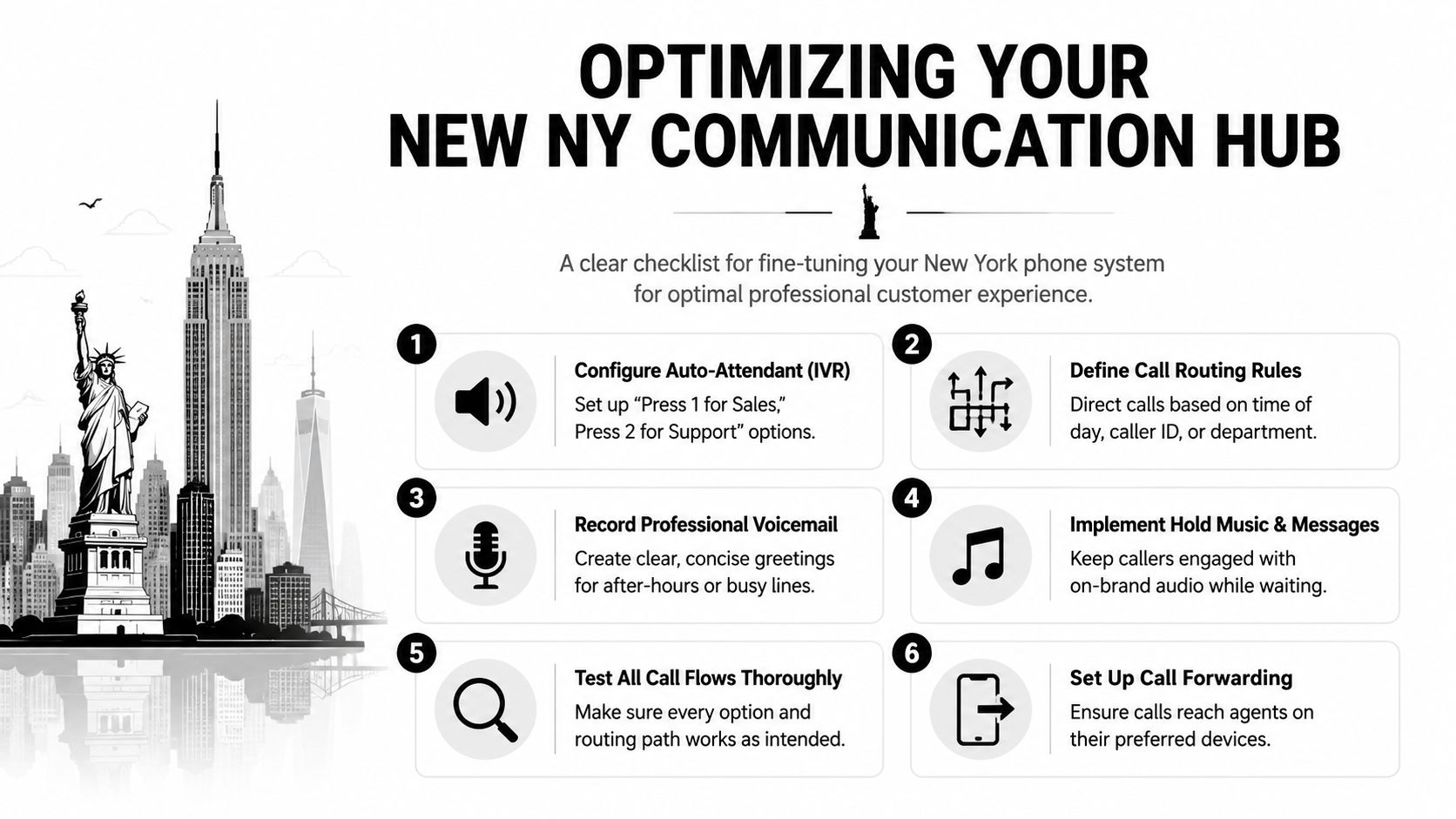 A checklist infographic titled Optimizing Your New NY Communication Hub with six tips for business phone systems.