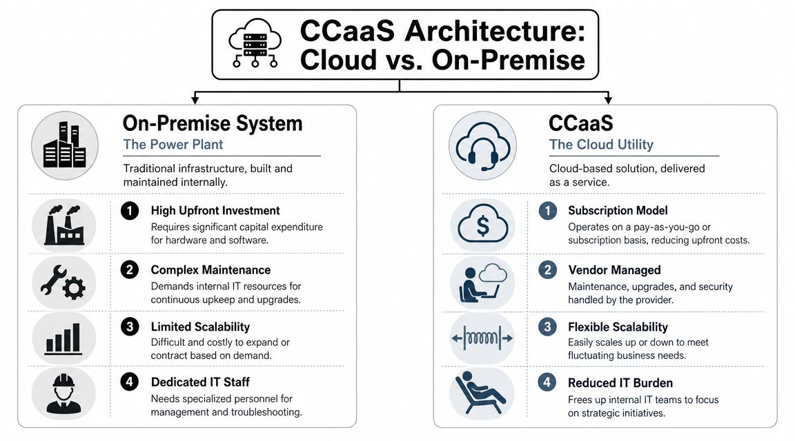 A comparison infographic between on-premise systems and cloud-based CCaaS architecture for business communication infrastructure.