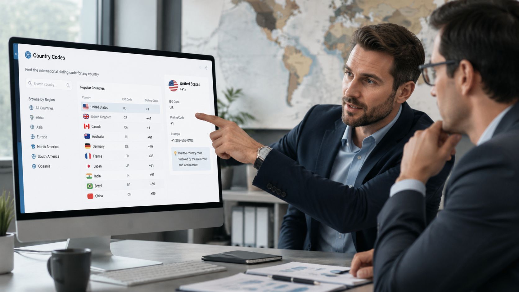 A professional business meeting with a man pointing at a computer monitor displaying country dialing codes.
