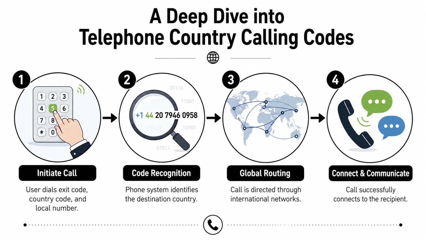 A four-step infographic explaining how international telephone country calling codes work for global telecommunications connectivity.